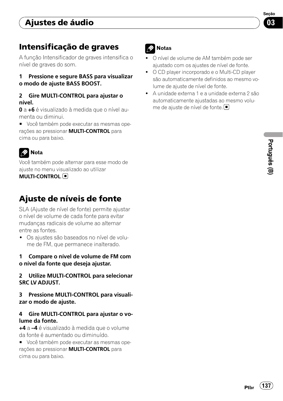 Intensificação de graves, Ajuste de níveis de fonte, Ajustes de áudio | Pioneer DEH-P4050UB User Manual | Page 137 / 167