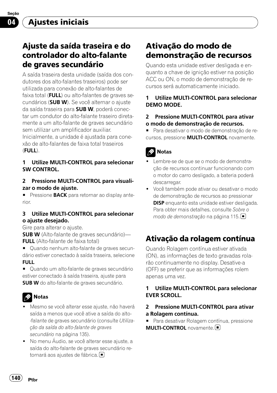 Ajuste da saída traseira e do controlador do, Alto-falante de graves secundário, Ativação do modo de demonstração de | Recursos, Ativação da rolagem contínua, Ativação do modo de demonstração de recursos, Ajustes iniciais | Pioneer DEH-P4050UB User Manual | Page 140 / 167