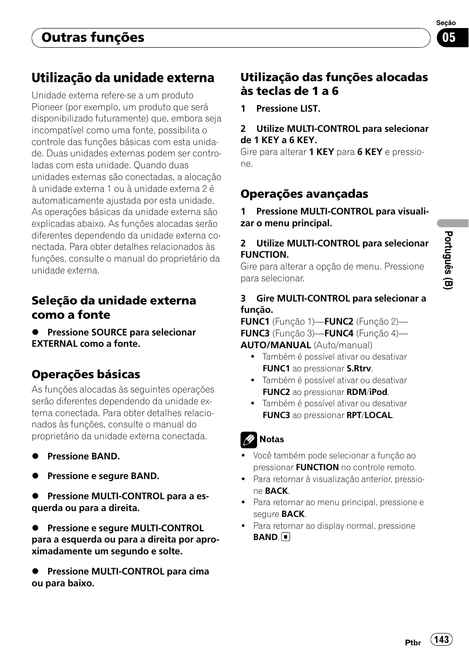 Utilização da unidade externa, Seleção da unidade externa como a, Fonte | Operações básicas 143, Utilização das funções alocadas às, Teclas de 1 a 6, Operações avançadas 143, Outras funções, Seleção da unidade externa como a fonte, Operações básicas | Pioneer DEH-P4050UB User Manual | Page 143 / 167