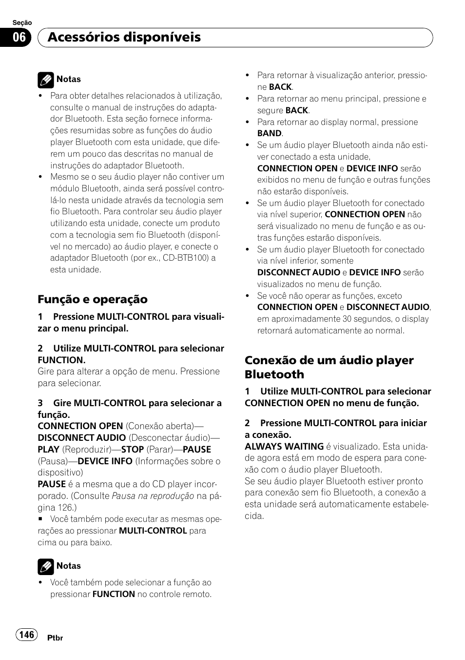 Função e operação 146, Conexão de um áudio player, Bluetooth | Acessórios disponíveis, Função e operação, Conexão de um áudio player bluetooth | Pioneer DEH-P4050UB User Manual | Page 146 / 167