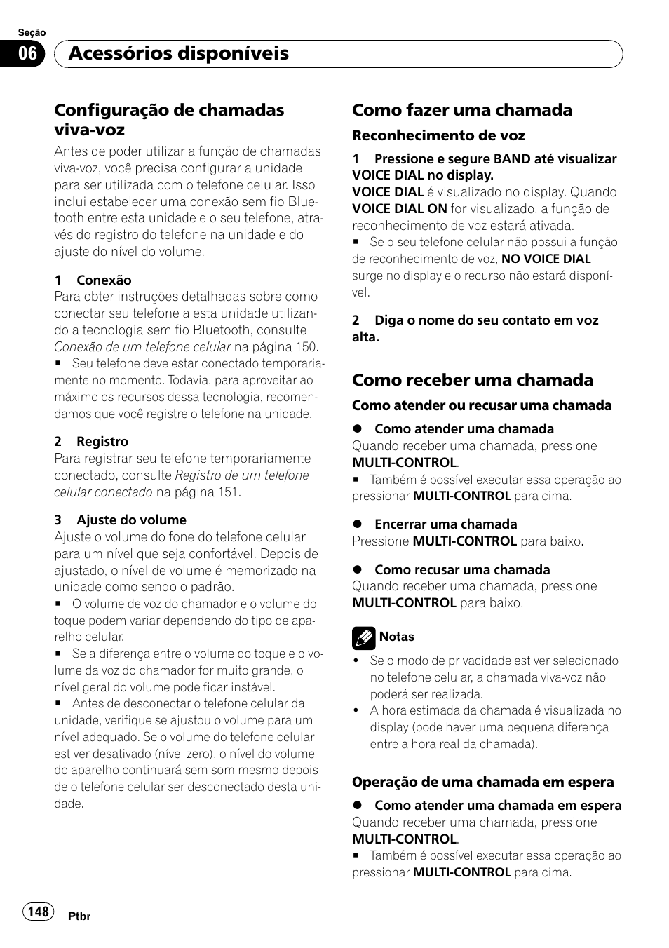 Configuração de chamadas viva, Como fazer uma chamada 148, Como receber uma chamada 148 | Acessórios disponíveis, Configuração de chamadas viva-voz, Como fazer uma chamada, Como receber uma chamada | Pioneer DEH-P4050UB User Manual | Page 148 / 167
