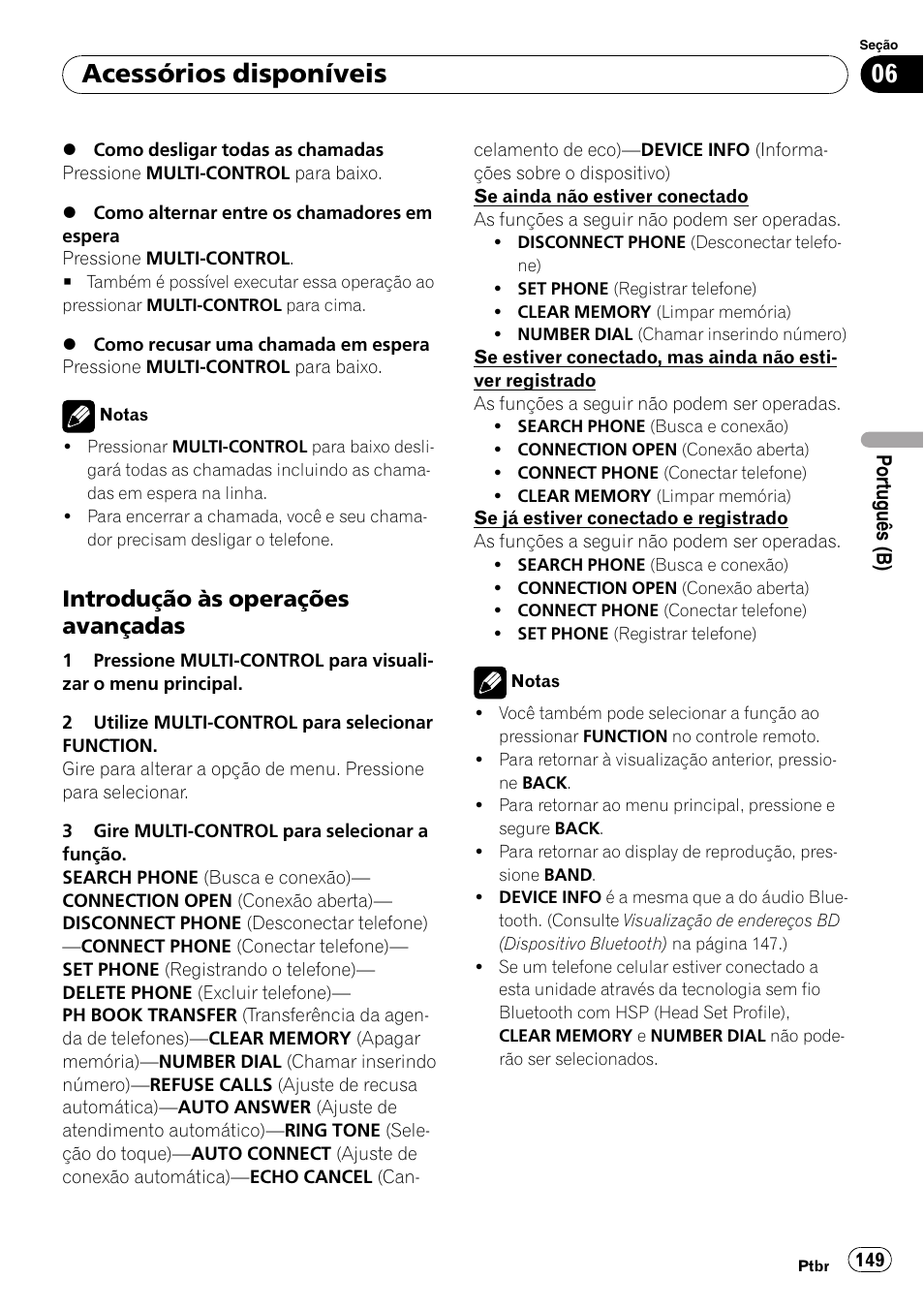 Introdução às operações, Avançadas, Acessórios disponíveis | Introdução às operações avançadas | Pioneer DEH-P4050UB User Manual | Page 149 / 167