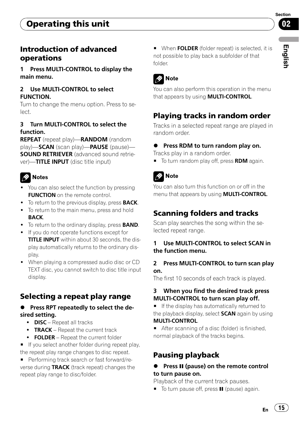 Introduction of advanced, Operations, Selecting a repeat play range 15 | Playing tracks in random order 15, Scanning folders and tracks 15, Pausing playback 15, Operating this unit, Introduction of advanced operations, Selecting a repeat play range, Playing tracks in random order | Pioneer DEH-P4050UB User Manual | Page 15 / 167