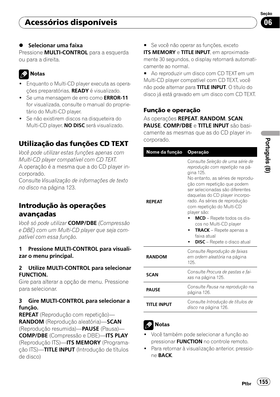 Utilização das funções cd text 155, Introdução às operações, Avançadas | Acessórios disponíveis, Utilização das funções cd text, Introdução às operações avançadas | Pioneer DEH-P4050UB User Manual | Page 155 / 167