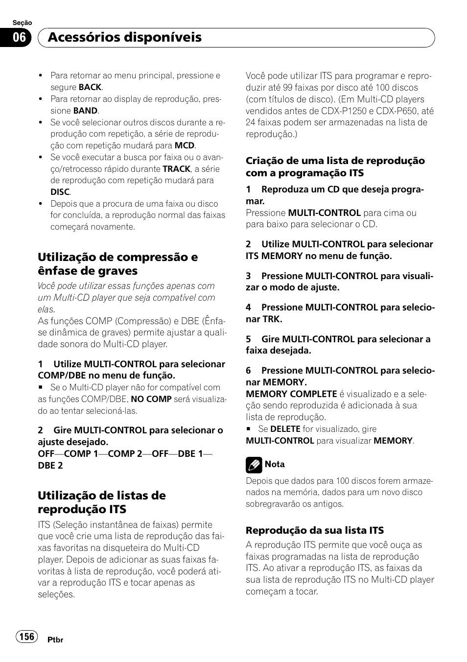 Utilização de compressão e ênfase de, Graves, Utilização de listas de reprodução | Acessórios disponíveis, Utilização de compressão e ênfase de graves, Utilização de listas de reprodução its | Pioneer DEH-P4050UB User Manual | Page 156 / 167