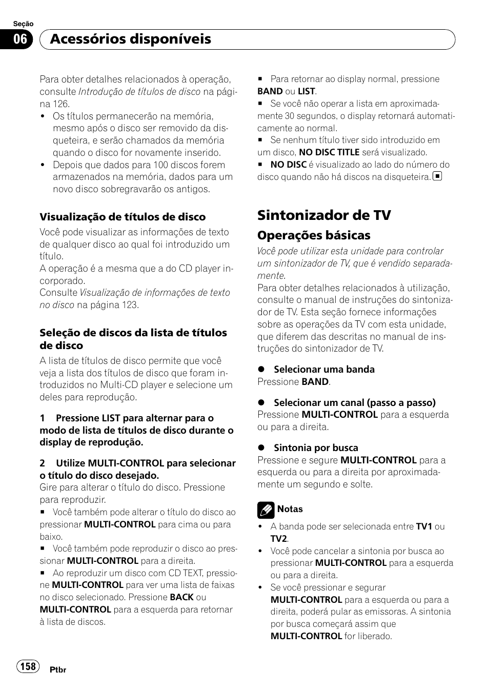 Sintonizador de tv, Operações básicas 158, Acessórios disponíveis | Operações básicas | Pioneer DEH-P4050UB User Manual | Page 158 / 167