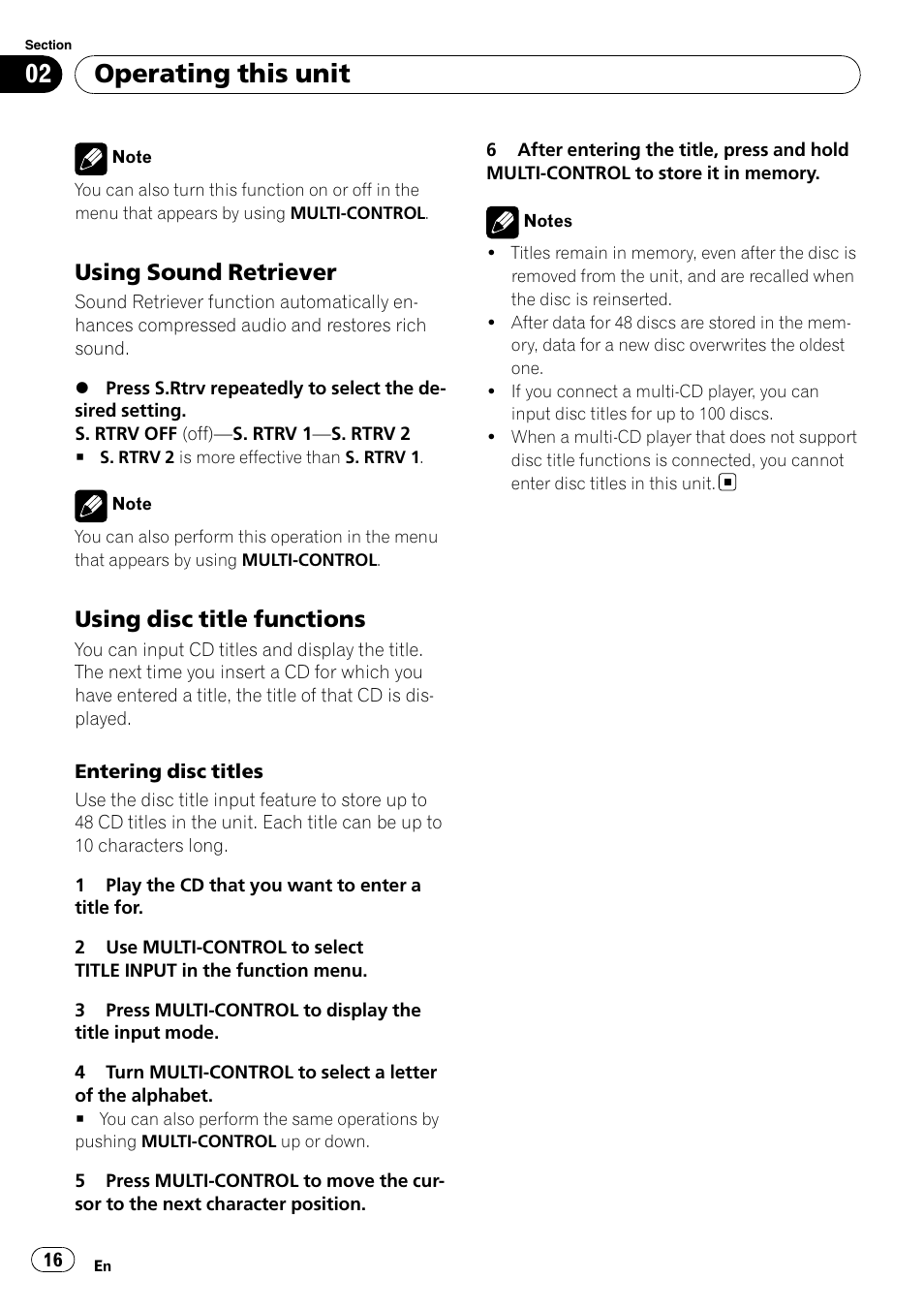 Using sound retriever 16, Using disc title functions 16, Operating this unit | Using sound retriever, Using disc title functions | Pioneer DEH-P4050UB User Manual | Page 16 / 167