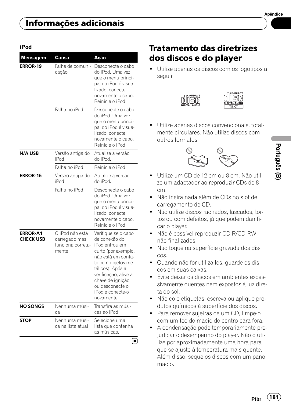 Tratamento das diretrizes dos discos e do, Player, Tratamento das diretrizes dos discos e do player | Informações adicionais, Po rtu guês (b) | Pioneer DEH-P4050UB User Manual | Page 161 / 167