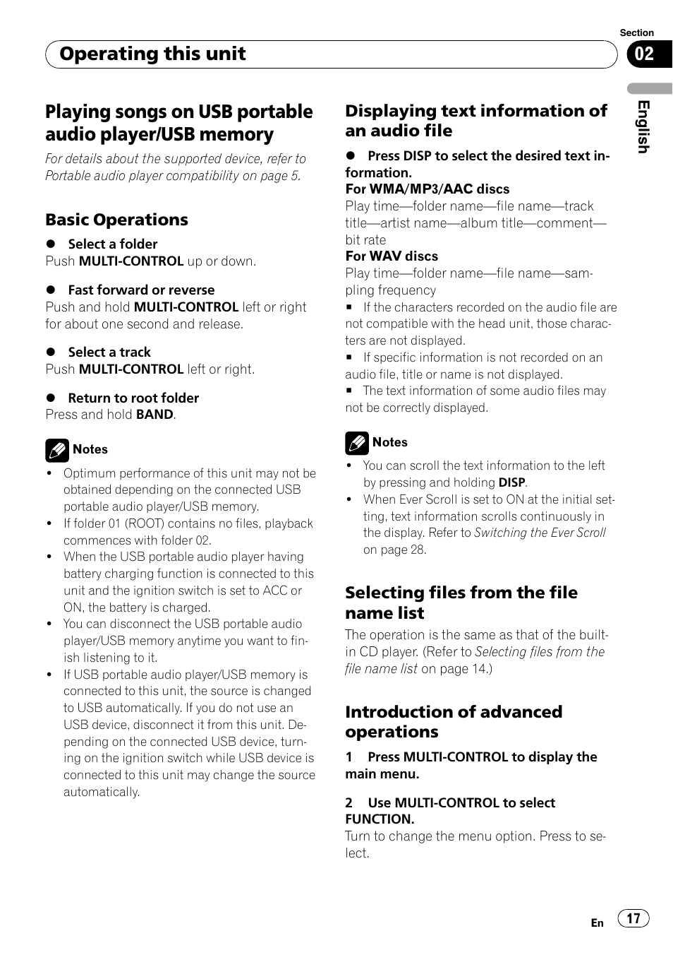 Playing songs on usb portable audio player, Usb memory, Basic operations 17 | Displaying text information of an audio, File, Selecting files from the file name, List, Introduction of advanced, Operations, Operating this unit | Pioneer DEH-P4050UB User Manual | Page 17 / 167