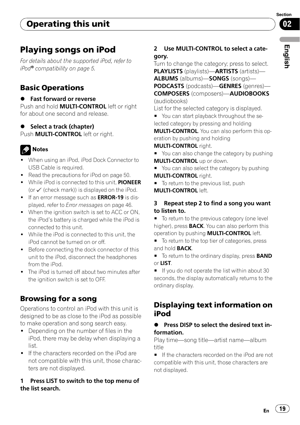 Playing songs on ipod, Basic operations 19, Browsing for a song 19 | Displaying text information on, Ipod, Operating this unit, Basic operations, Browsing for a song, Displaying text information on ipod | Pioneer DEH-P4050UB User Manual | Page 19 / 167