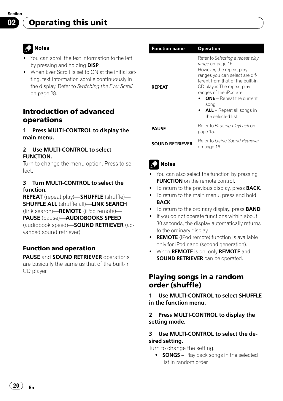 Introduction of advanced, Operations, Playing songs in a random order | Shuffle), Operating this unit, Introduction of advanced operations, Playing songs in a random order (shuffle) | Pioneer DEH-P4050UB User Manual | Page 20 / 167