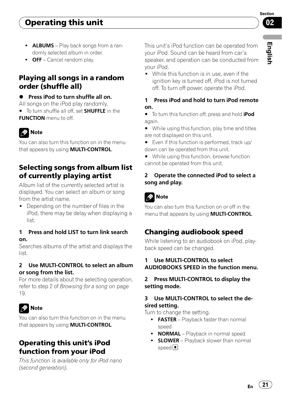 Playing all songs in a random order, Shuffle all), Selecting songs from album list of | Currently playing artist, Operating this unit’s ipod function, From your ipod, Changing audiobook speed 21, Operating this unit, Playing all songs in a random order (shuffle all), Changing audiobook speed | Pioneer DEH-P4050UB User Manual | Page 21 / 167