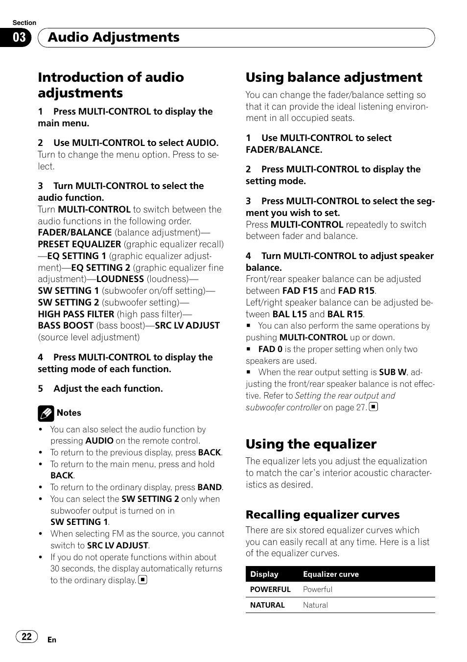 Using balance adjustment, Using the equalizer, Recalling equalizer curves 22 | Introduction of audio adjustments, Audio adjustments, Recalling equalizer curves | Pioneer DEH-P4050UB User Manual | Page 22 / 167