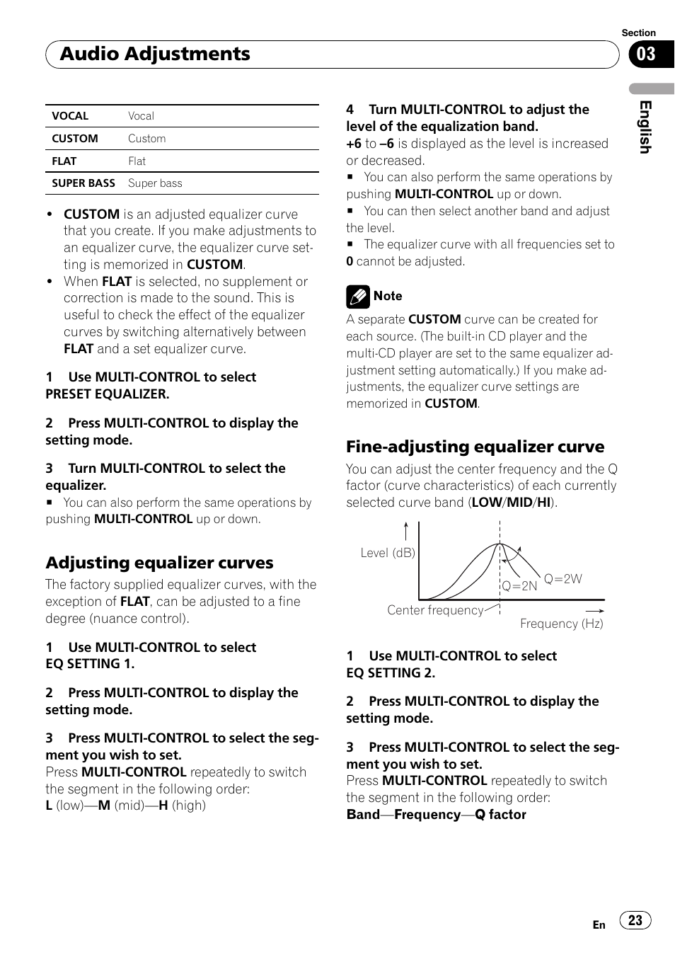 Adjusting equalizer curves 23, Fine-adjusting equalizer curve 23, Audio adjustments | Adjusting equalizer curves, Fine-adjusting equalizer curve | Pioneer DEH-P4050UB User Manual | Page 23 / 167