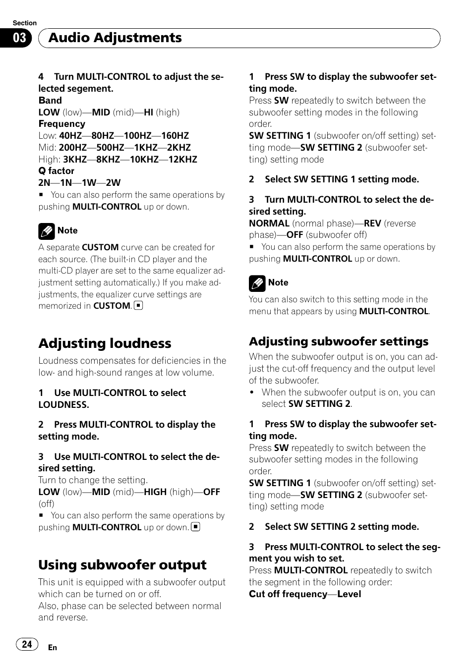 Adjusting loudness, Using subwoofer output, Adjusting subwoofer settings 24 | Audio adjustments, Adjusting subwoofer settings | Pioneer DEH-P4050UB User Manual | Page 24 / 167