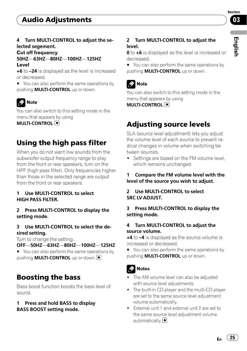 Using the high pass filter, Boosting the bass, Adjusting source levels | Audio adjustments | Pioneer DEH-P4050UB User Manual | Page 25 / 167