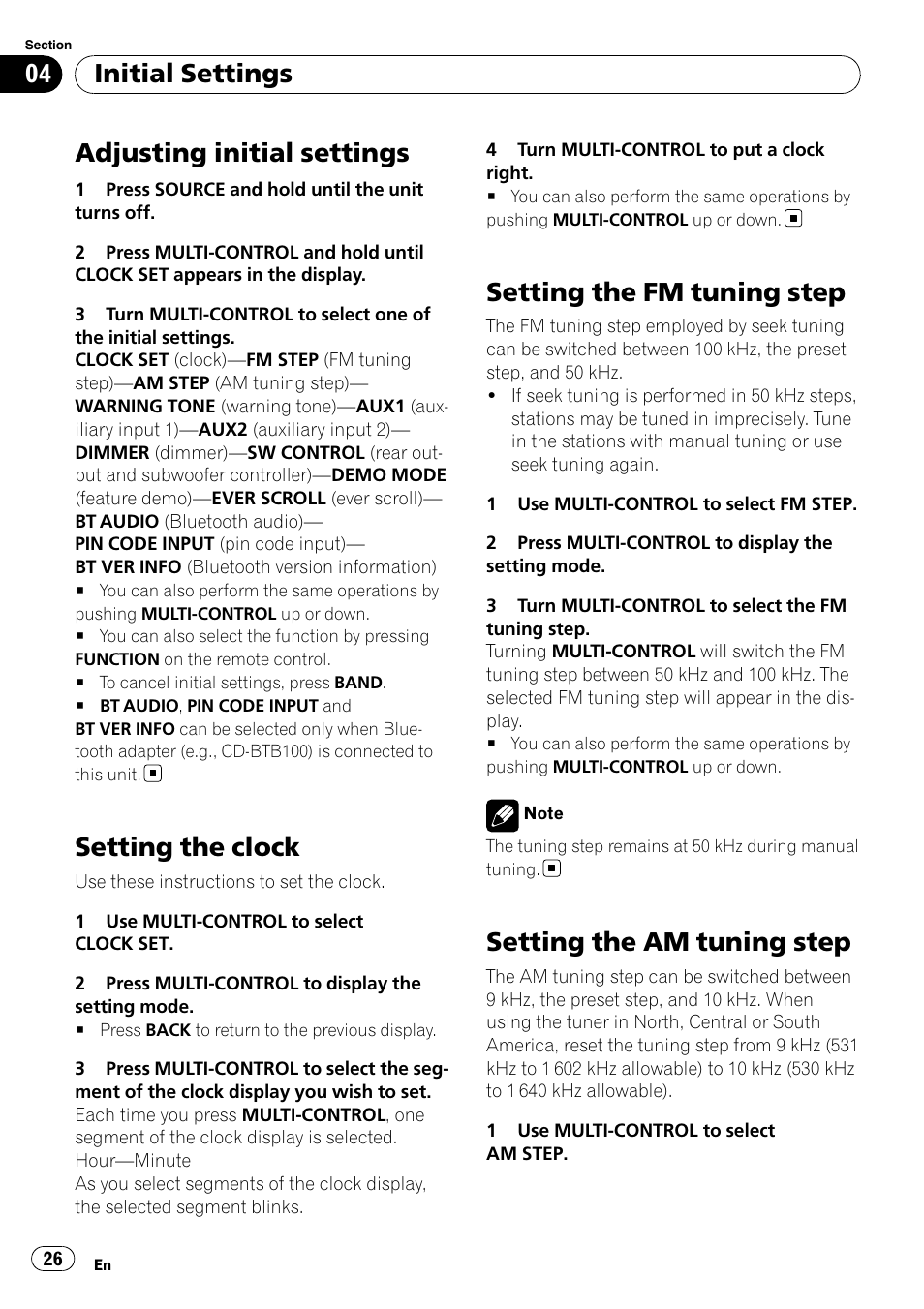 Initial settings adjusting initial settings, Setting the clock, Setting the fm tuning step | Setting the am tuning step, Adjusting initial settings, Initial settings | Pioneer DEH-P4050UB User Manual | Page 26 / 167