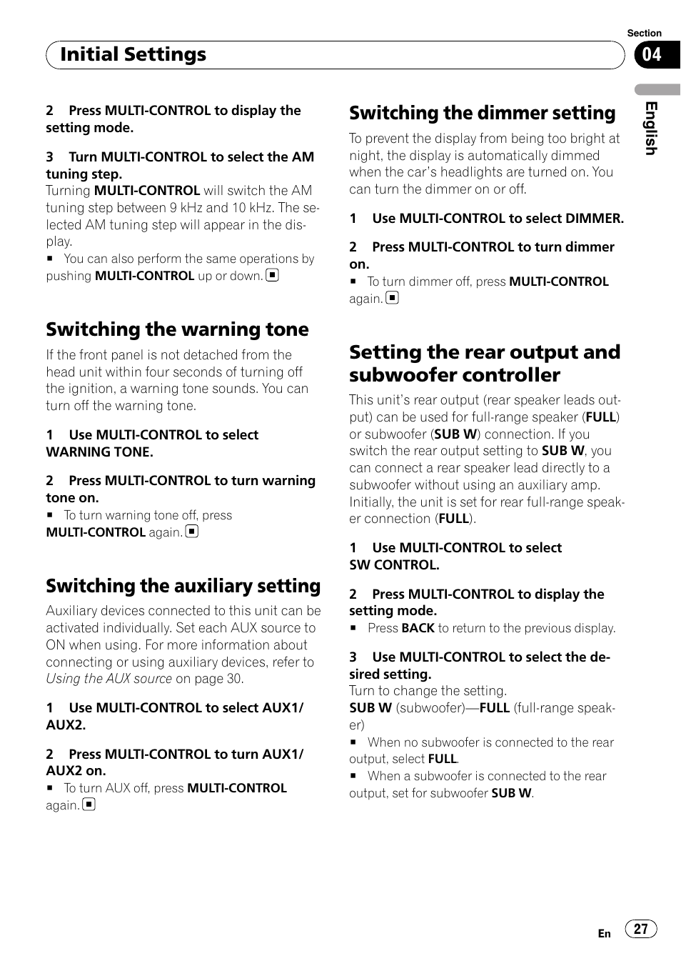 Switching the warning tone, Switching the auxiliary setting, Switching the dimmer setting | Setting the rear output and subwoofer, Controller, Setting the rear output and subwoofer controller, Initial settings | Pioneer DEH-P4050UB User Manual | Page 27 / 167