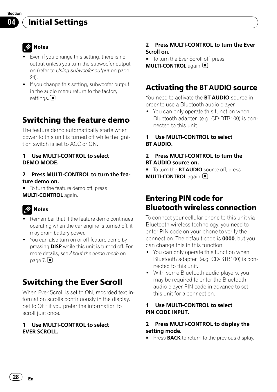 Switching the feature demo, Switching the ever scroll, Activating the bt audio source | Entering pin code for bluetooth wireless, Connection, Activating the, Bt audio source, Initial settings | Pioneer DEH-P4050UB User Manual | Page 28 / 167