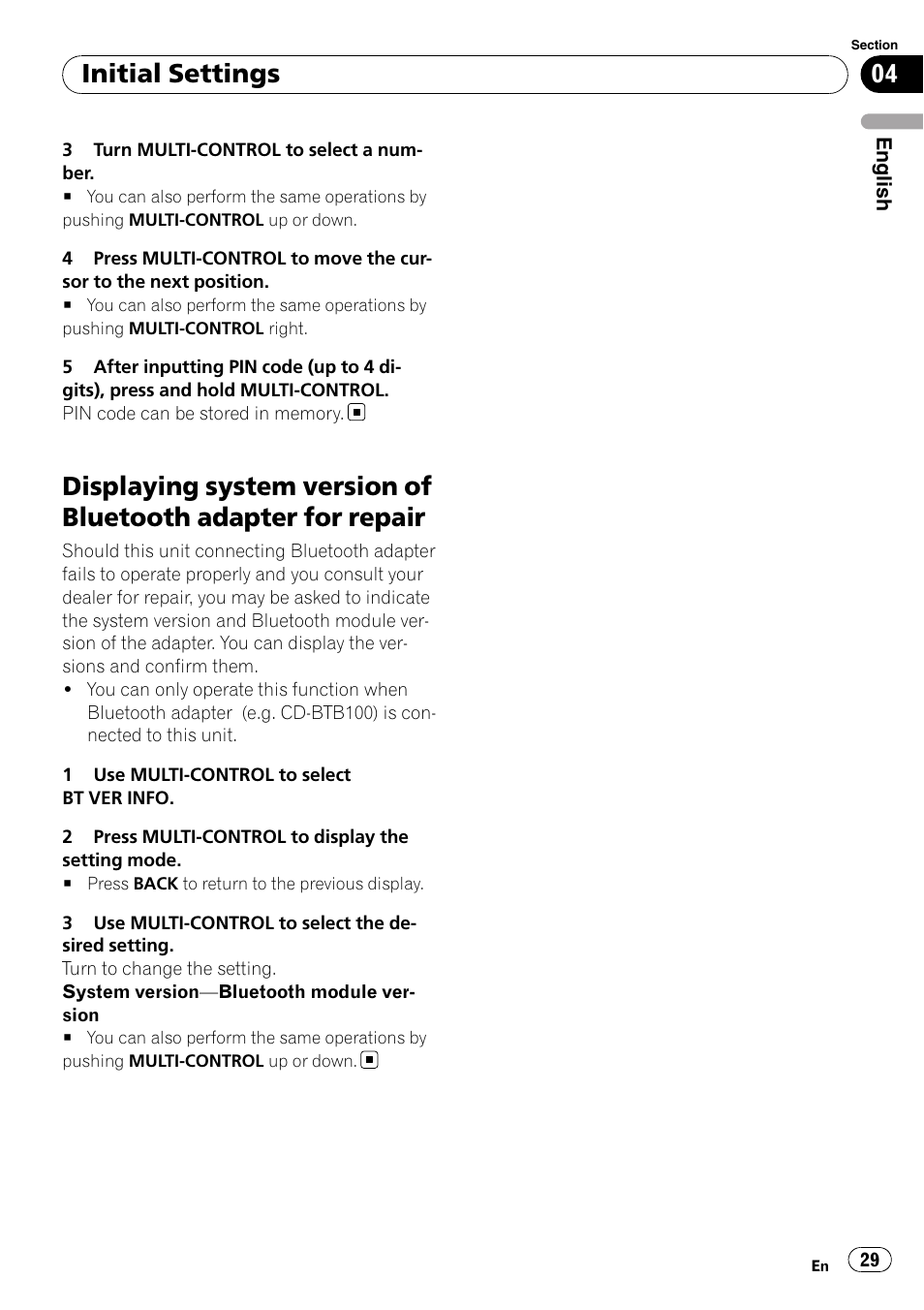 Displaying system version of bluetooth, Adapter for repair, Initial settings | Pioneer DEH-P4050UB User Manual | Page 29 / 167