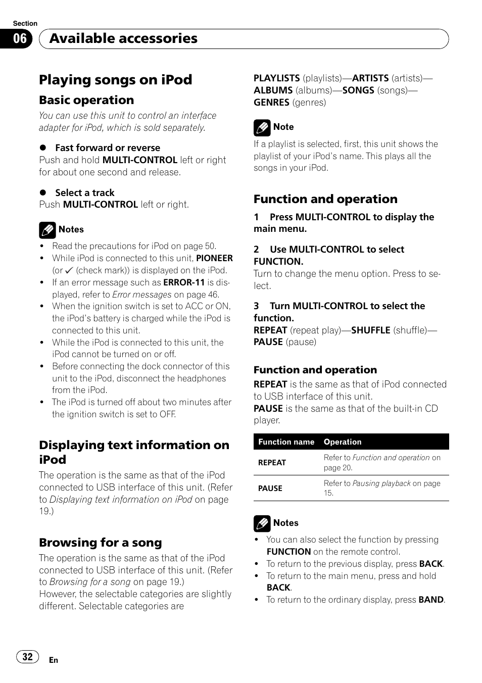 Available accessories playing songs on ipod, Basic operation 32, Displaying text information on | Ipod, Browsing for a song 32, Function and operation 32, Playing songs on ipod, Available accessories, Basic operation, Displaying text information on ipod | Pioneer DEH-P4050UB User Manual | Page 32 / 167