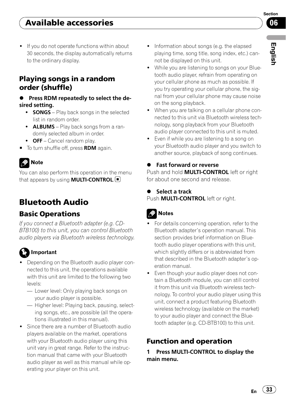 Playing songs in a random order, Shuffle), Bluetooth audio | Basic operations 33, Function and operation 33, Available accessories, Playing songs in a random order (shuffle), Basic operations, Function and operation | Pioneer DEH-P4050UB User Manual | Page 33 / 167