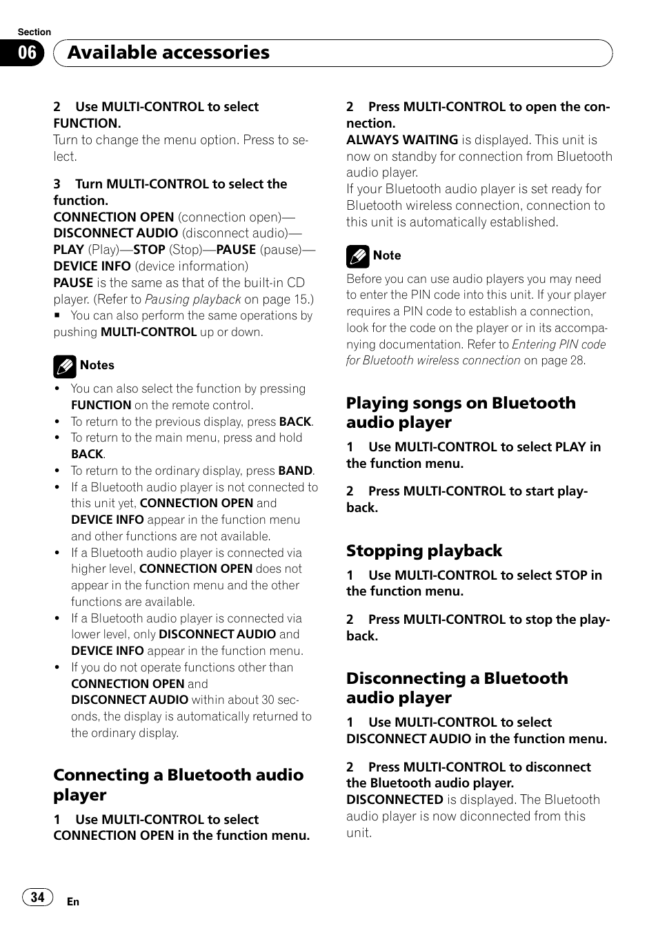 Connecting a bluetooth audio, Player, Playing songs on bluetooth audio | Stopping playback 34, Disconnecting a bluetooth audio, Available accessories, Connecting a bluetooth audio player, Playing songs on bluetooth audio player, Stopping playback, Disconnecting a bluetooth audio player | Pioneer DEH-P4050UB User Manual | Page 34 / 167