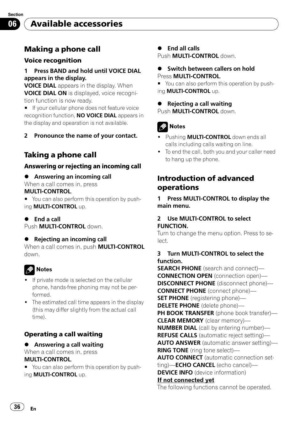 Making a phone call 36, Taking a phone call 36, Introduction of advanced | Operations, Available accessories, Making a phone call, Taking a phone call, Introduction of advanced operations | Pioneer DEH-P4050UB User Manual | Page 36 / 167