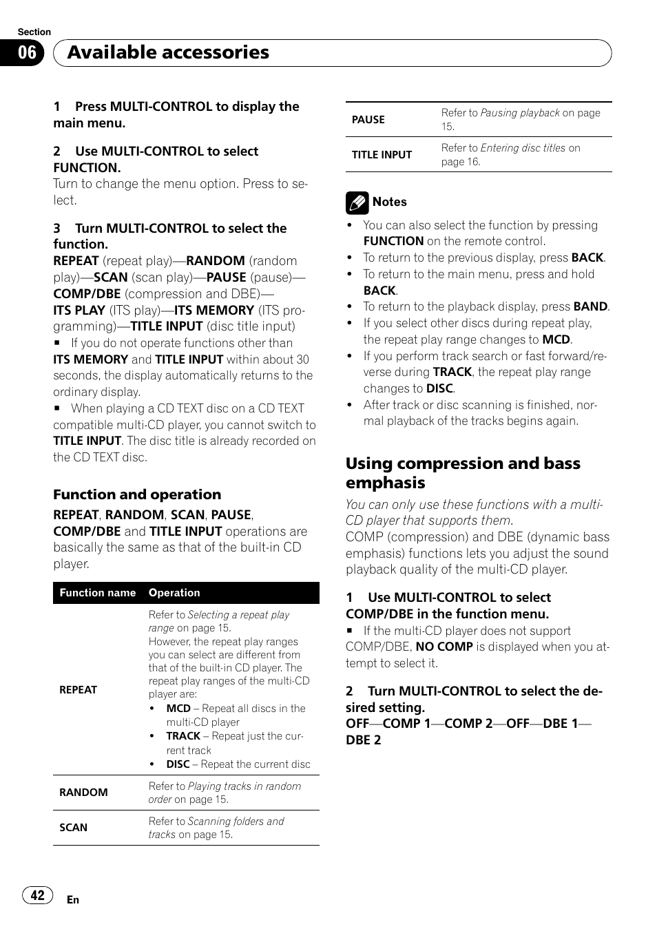 Using compression and bass, Emphasis, Available accessories | Using compression and bass emphasis | Pioneer DEH-P4050UB User Manual | Page 42 / 167