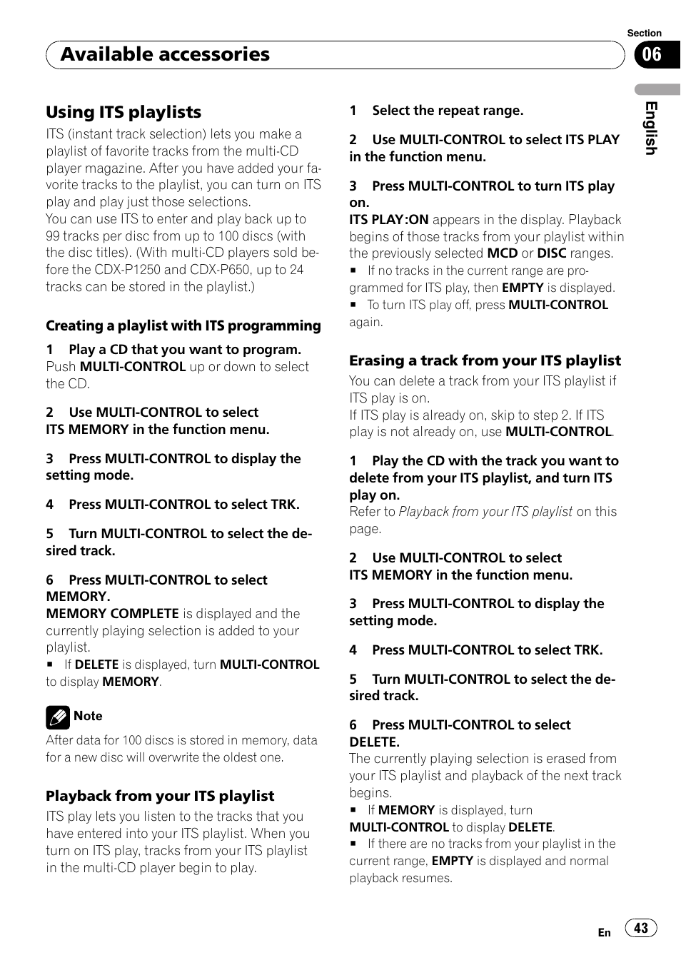Using its playlists 43, Available accessories, Using its playlists | Pioneer DEH-P4050UB User Manual | Page 43 / 167