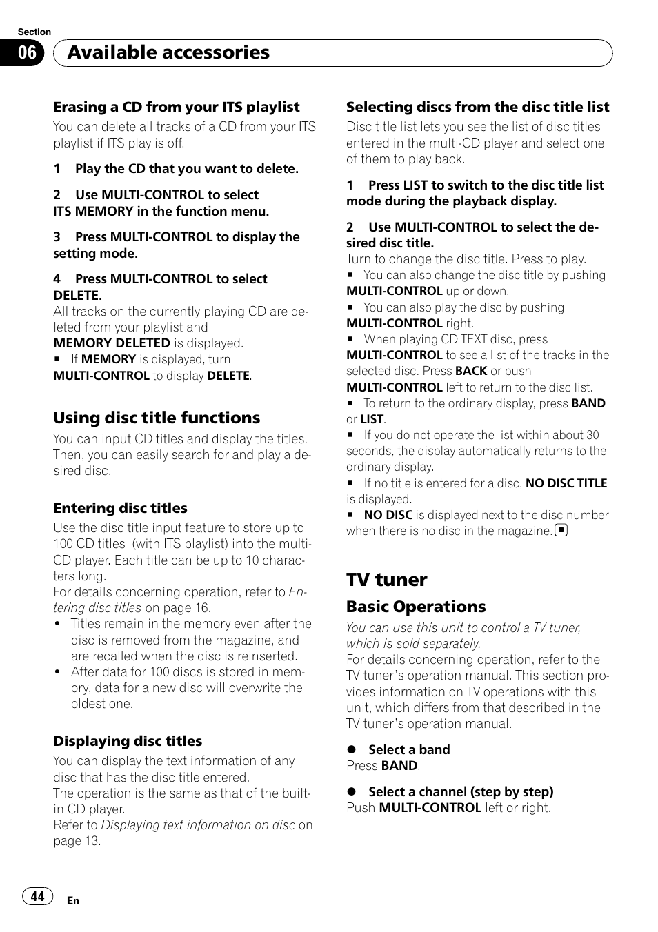 Using disc title functions 44, Tv tuner, Basic operations 44 | Available accessories, Using disc title functions, Basic operations | Pioneer DEH-P4050UB User Manual | Page 44 / 167