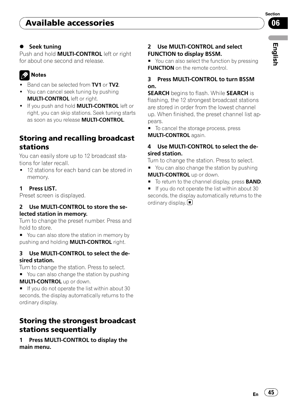 Storing and recalling broadcast, Stations, Storing the strongest broadcast | Stations sequentially, Available accessories, Storing and recalling broadcast stations | Pioneer DEH-P4050UB User Manual | Page 45 / 167