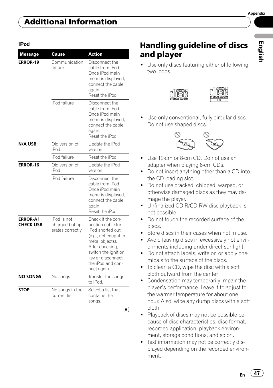 Handling guideline of discs and player, Additional information, English | Pioneer DEH-P4050UB User Manual | Page 47 / 167