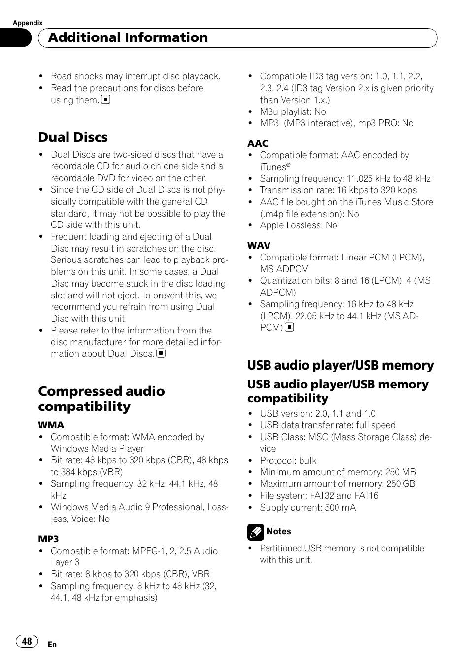 Dual discs, Compressed audio compatibility, Usb audio player/usb memory | Compatibility, Additional information | Pioneer DEH-P4050UB User Manual | Page 48 / 167