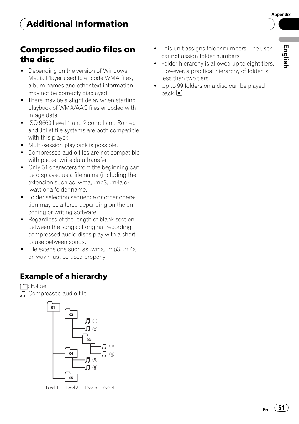 Compressed audio files on the disc, Example of a hierarchy 51, Additional information | Example of a hierarchy | Pioneer DEH-P4050UB User Manual | Page 51 / 167