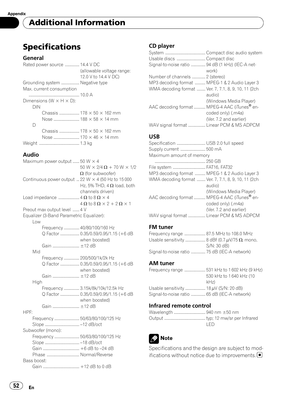 Specifications, Additional information | Pioneer DEH-P4050UB User Manual | Page 52 / 167