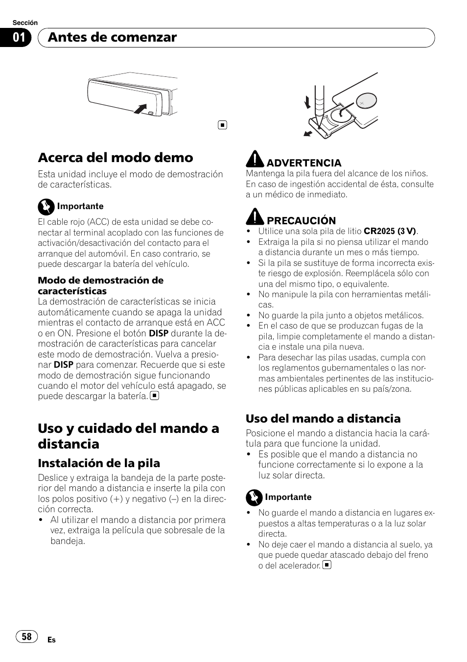 Acerca del modo demo, Uso y cuidado del mando a distancia, Instalación de la pila 58 | Uso del mando a distancia 58, Antes de comenzar, Instalación de la pila, Uso del mando a distancia | Pioneer DEH-P4050UB User Manual | Page 58 / 167