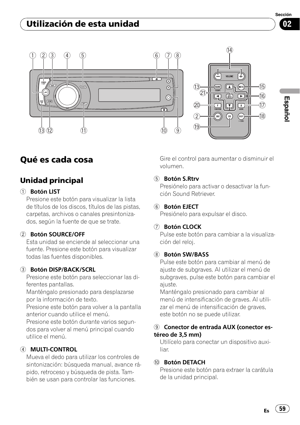 Utilización de esta unidad qué es cada cosa, Unidad principal 59, Qué es cada cosa | Utilización de esta unidad | Pioneer DEH-P4050UB User Manual | Page 59 / 167