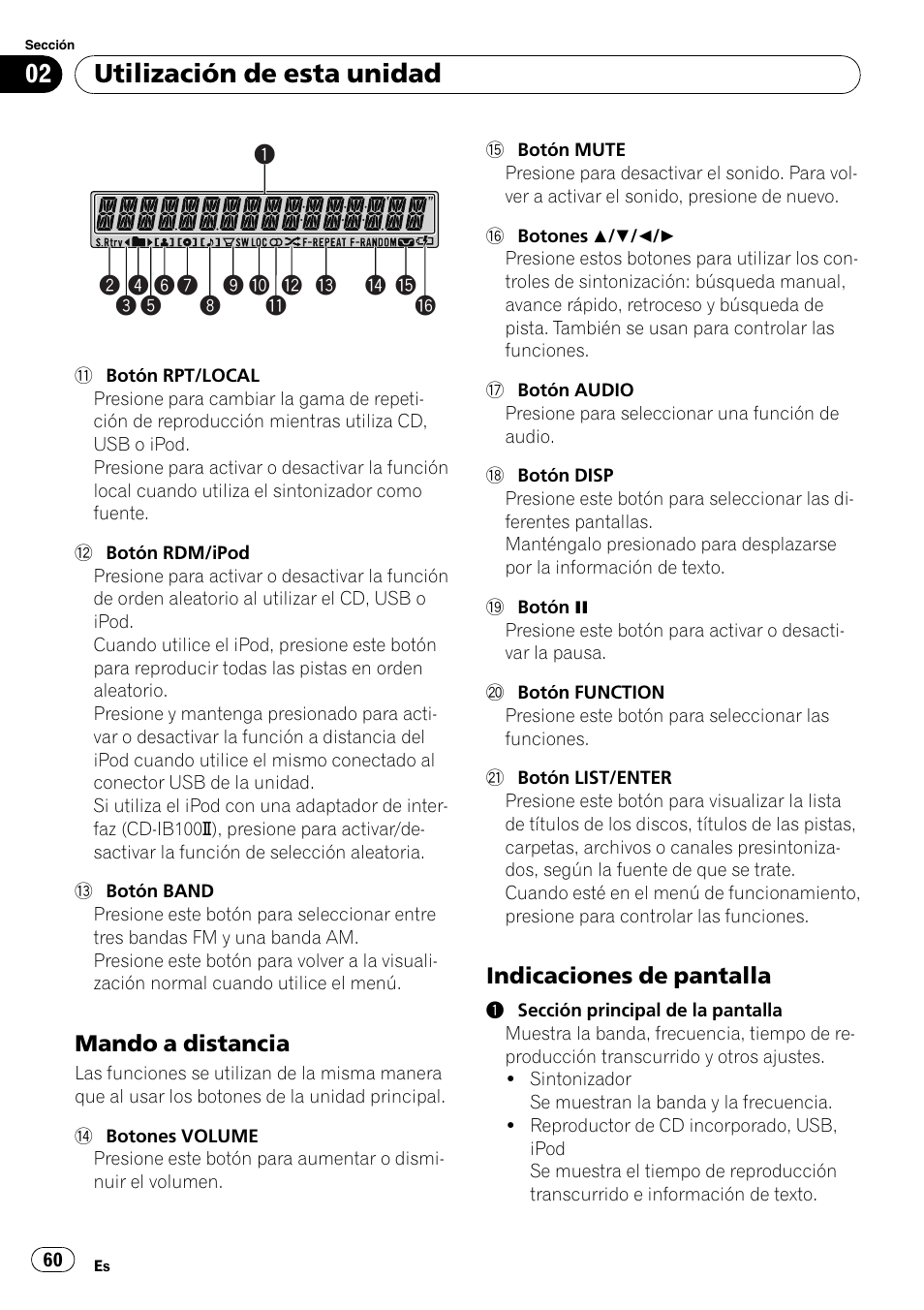 Mando a distancia 60, Indicaciones de pantalla 60, Utilización de esta unidad | Mando a distancia, Indicaciones de pantalla | Pioneer DEH-P4050UB User Manual | Page 60 / 167