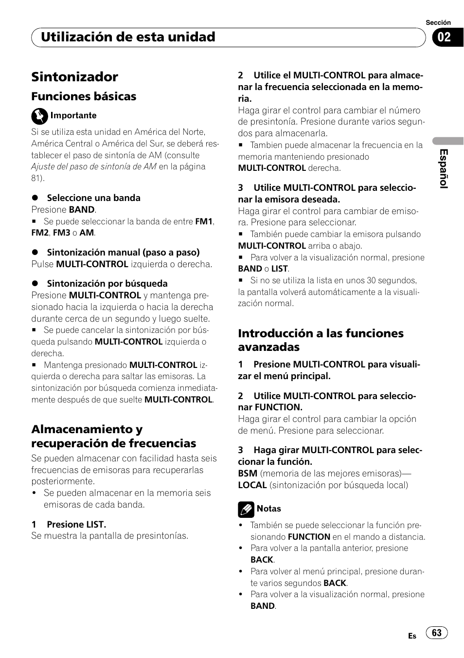 Sintonizador, Funciones básicas 63, Almacenamiento y recuperación de | Frecuencias, Introducción a las funciones, Avanzadas, Utilización de esta unidad, Funciones básicas, Almacenamiento y recuperación de frecuencias, Introducción a las funciones avanzadas | Pioneer DEH-P4050UB User Manual | Page 63 / 167