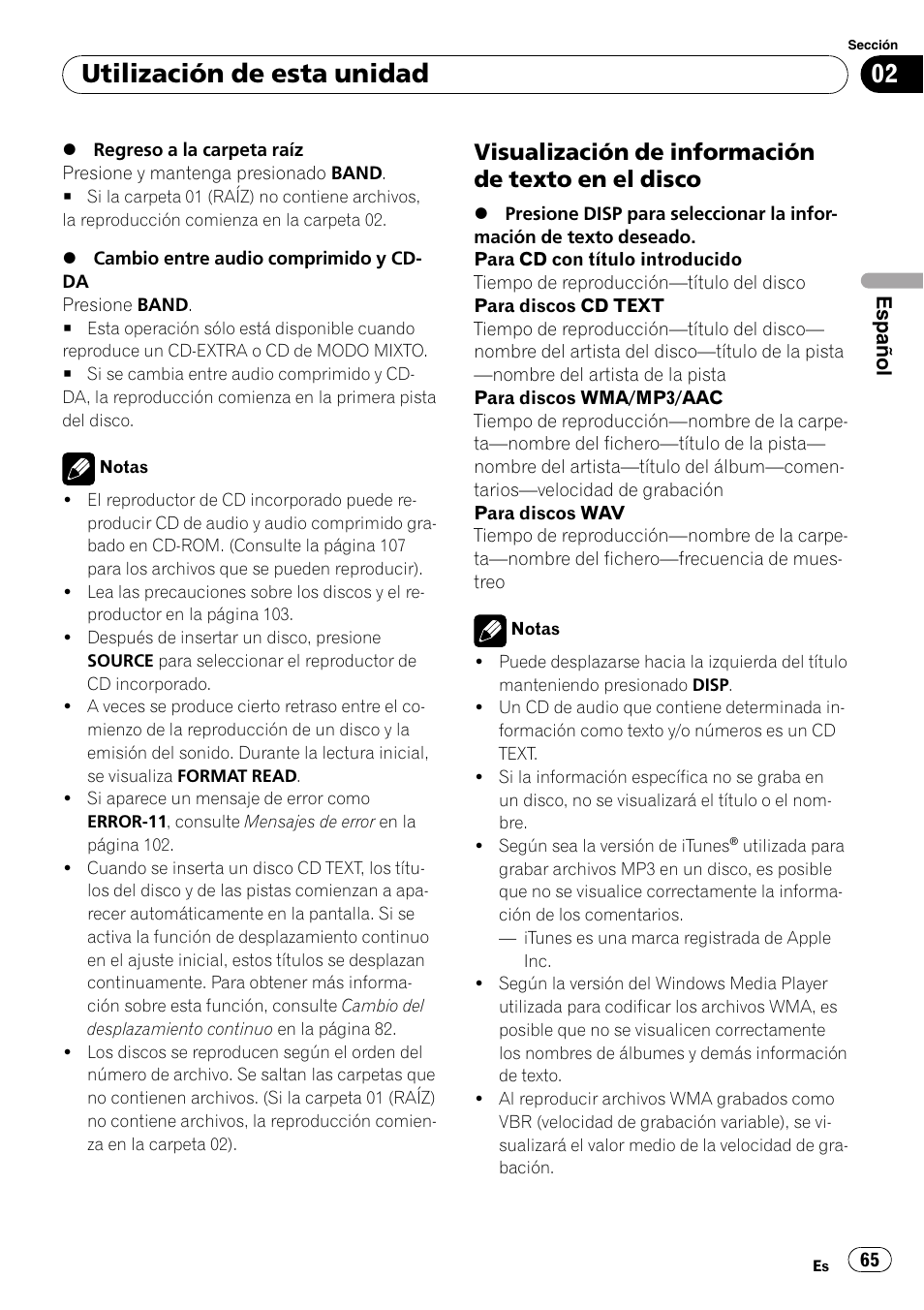 Visualización de información de texto, En el disco, Utilización de esta unidad | Visualización de información de texto en el disco | Pioneer DEH-P4050UB User Manual | Page 65 / 167