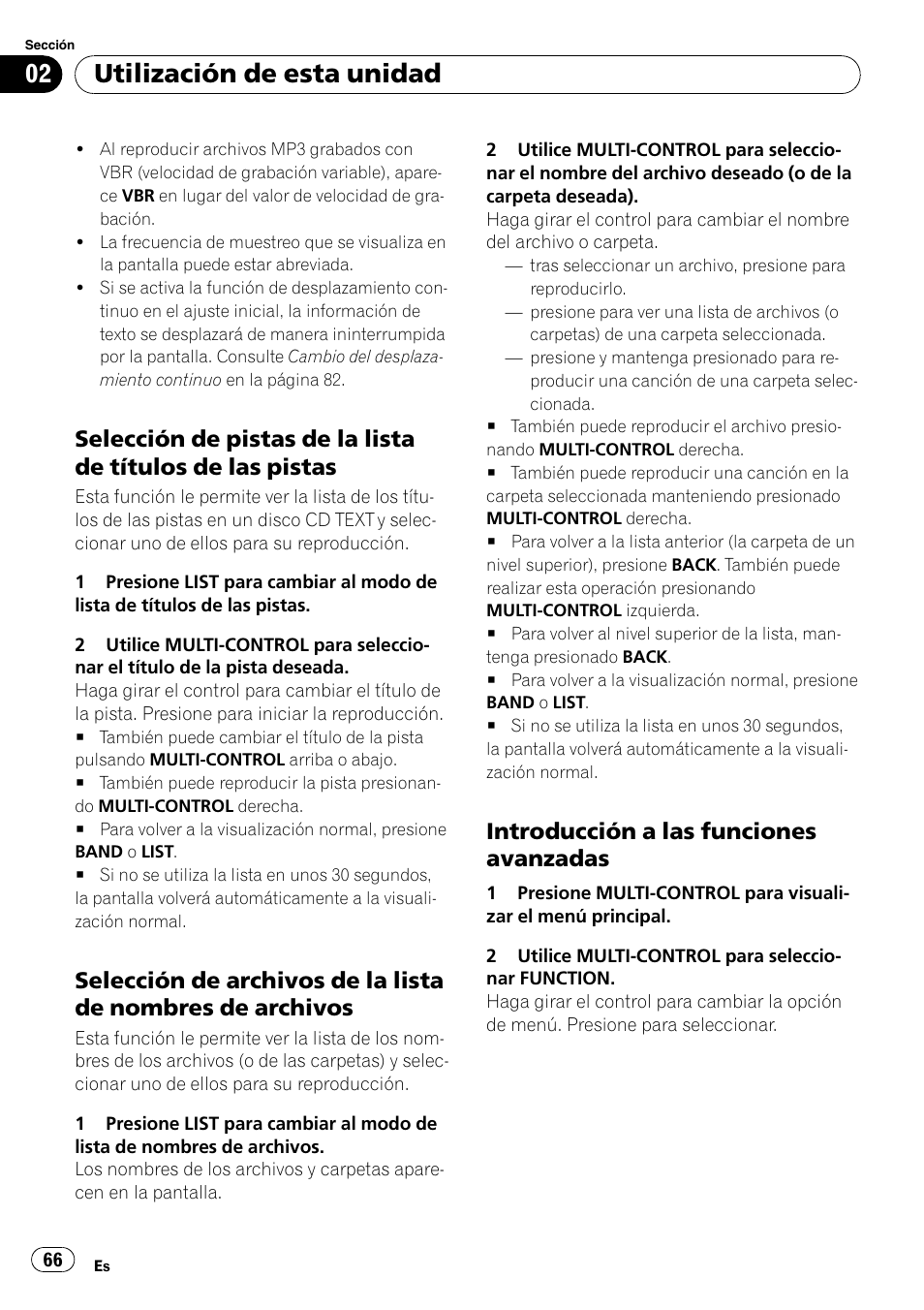 Selección de pistas de la lista de títulos, De las pistas, Selección de archivos de la lista de | Nombres de archivos, Introducción a las funciones, Avanzadas, Utilización de esta unidad, Introducción a las funciones avanzadas | Pioneer DEH-P4050UB User Manual | Page 66 / 167