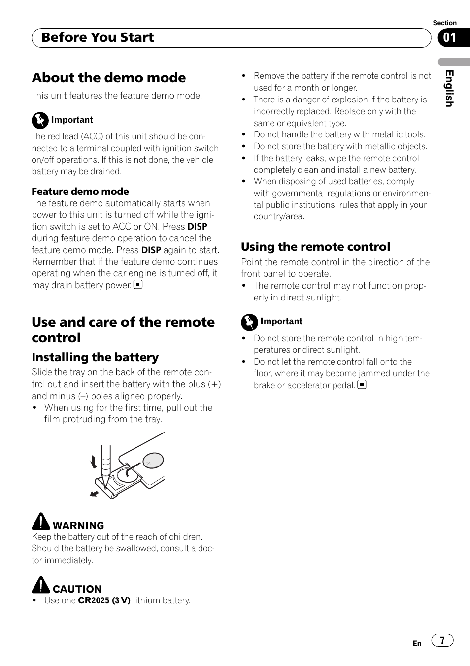 About the demo mode, Use and care of the remote control, Installing the battery 7 | Using the remote control 7, Before you start, Installing the battery, Using the remote control | Pioneer DEH-P4050UB User Manual | Page 7 / 167