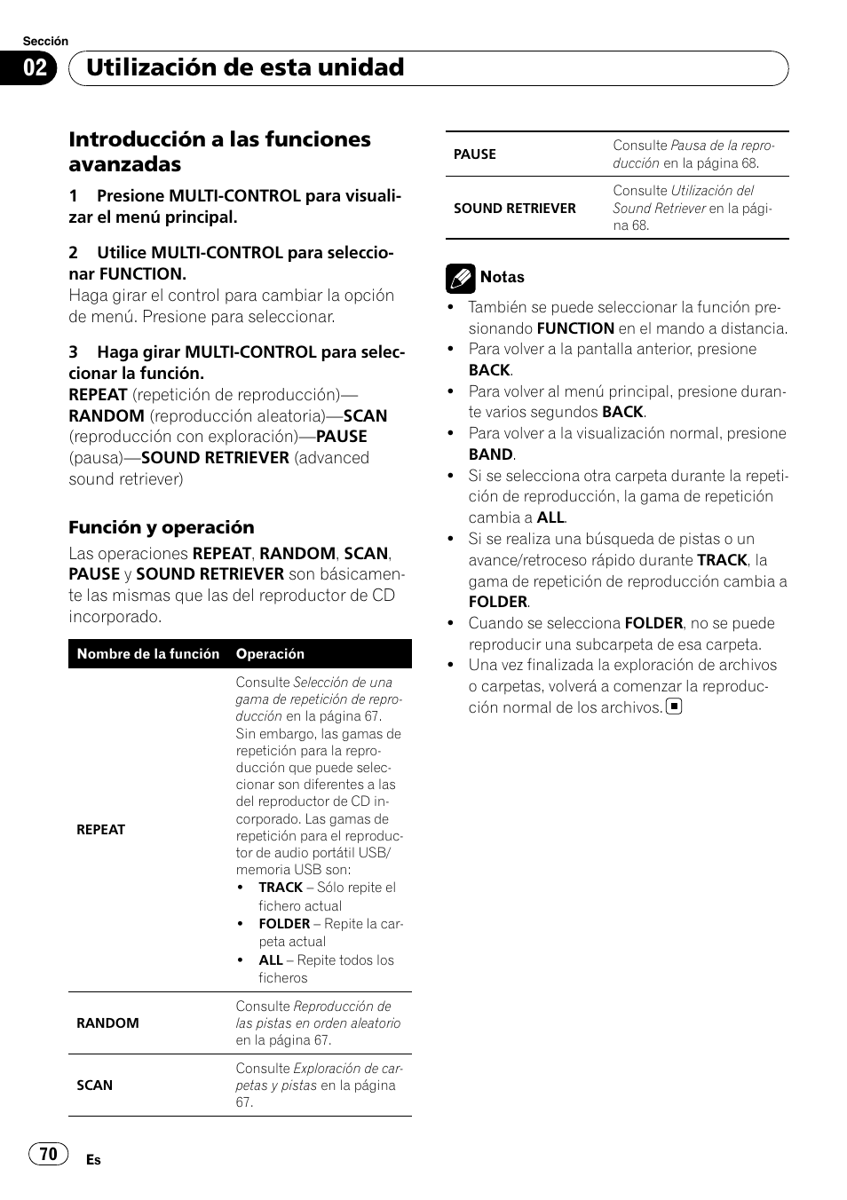Introducción a las funciones, Avanzadas, Utilización de esta unidad | Introducción a las funciones avanzadas | Pioneer DEH-P4050UB User Manual | Page 70 / 167