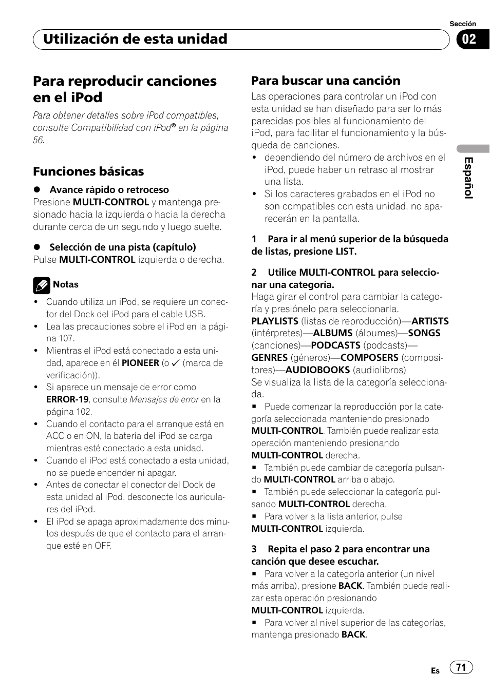 Para reproducir canciones en el ipod, Funciones básicas 71, Para buscar una canción 71 | Utilización de esta unidad, Funciones básicas, Para buscar una canción | Pioneer DEH-P4050UB User Manual | Page 71 / 167