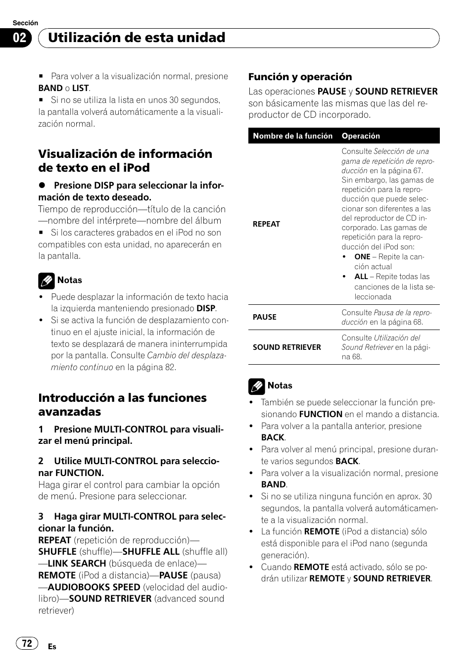 Visualización de información de texto, En el ipod, Introducción a las funciones | Avanzadas, Utilización de esta unidad, Visualización de información de texto en el ipod, Introducción a las funciones avanzadas | Pioneer DEH-P4050UB User Manual | Page 72 / 167