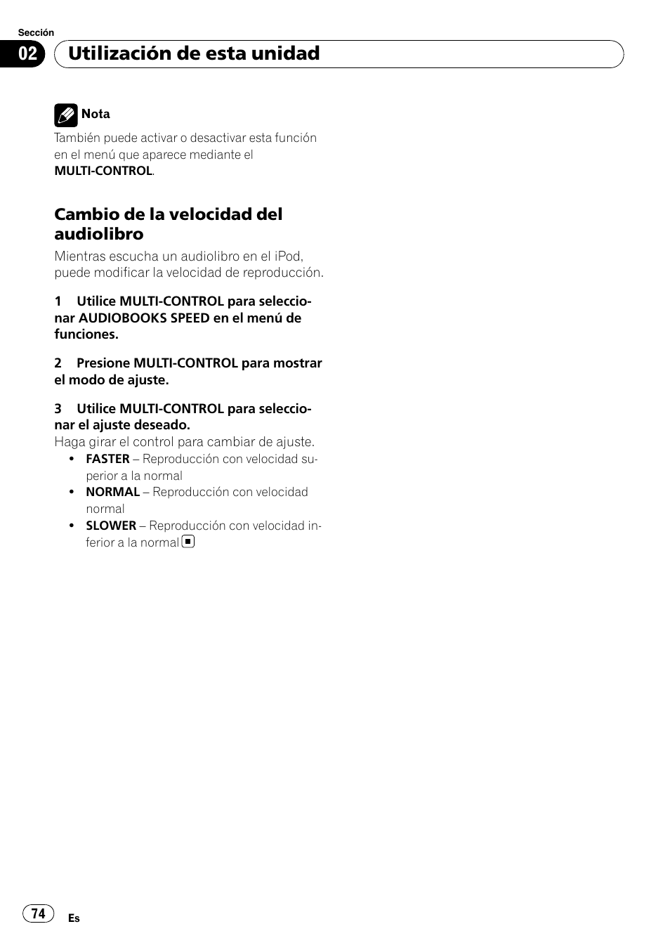 Cambio de la velocidad del, Audiolibro, Utilización de esta unidad | Cambio de la velocidad del audiolibro | Pioneer DEH-P4050UB User Manual | Page 74 / 167