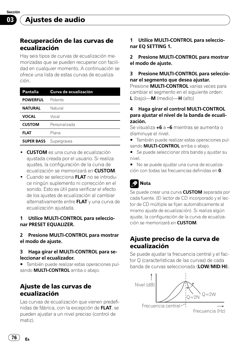 Recuperación de las curvas de, Ecualización, Ajuste de las curvas de | Ajuste preciso de la curva de, Ajustes de audio, Recuperación de las curvas de ecualización, Ajuste de las curvas de ecualización, Ajuste preciso de la curva de ecualización | Pioneer DEH-P4050UB User Manual | Page 76 / 167