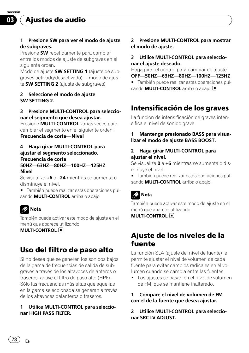 Uso del filtro de paso alto, Intensificación de los graves, Ajuste de los niveles de la fuente | Ajustes de audio | Pioneer DEH-P4050UB User Manual | Page 78 / 167