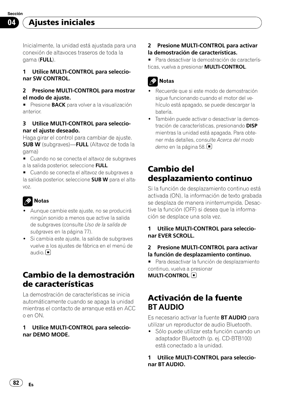 Cambio de la demostración de, Características, Cambio del desplazamiento continuo | Activación de la fuente bt audio, Cambio de la demostración de características, Ajustes iniciales | Pioneer DEH-P4050UB User Manual | Page 82 / 167